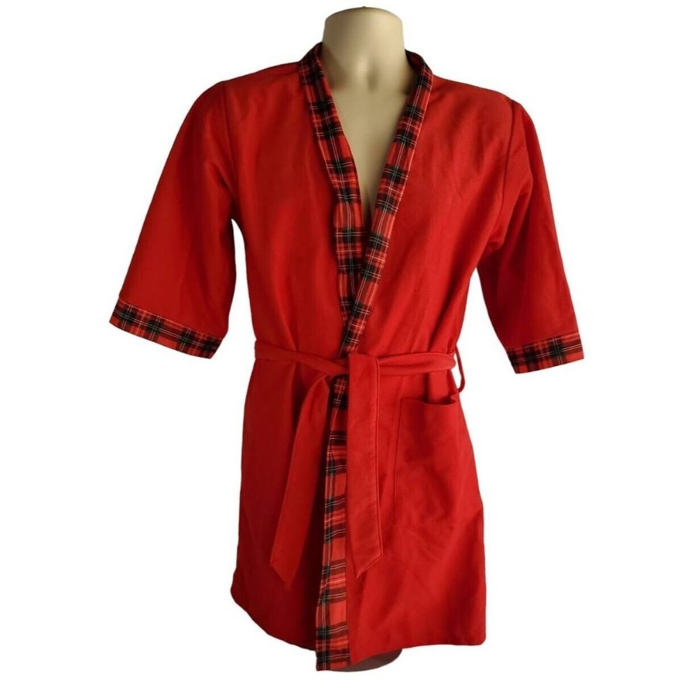 VTG Men's Mervyns Sprockets Short Kimono Robe Red Tartan Belted Pocket Size S/M